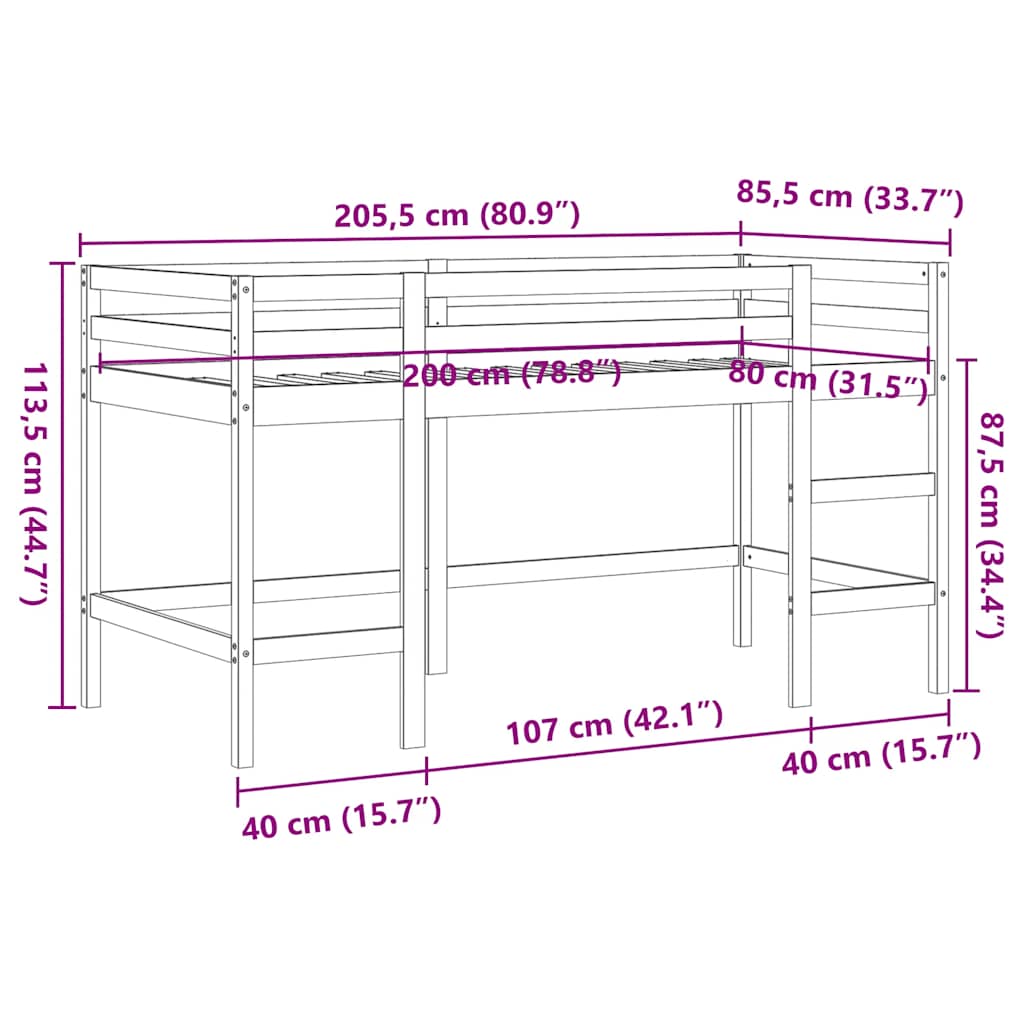 Lit mezzanine d'enfants sans matelas avec échelle 80x200 cm - XIOS