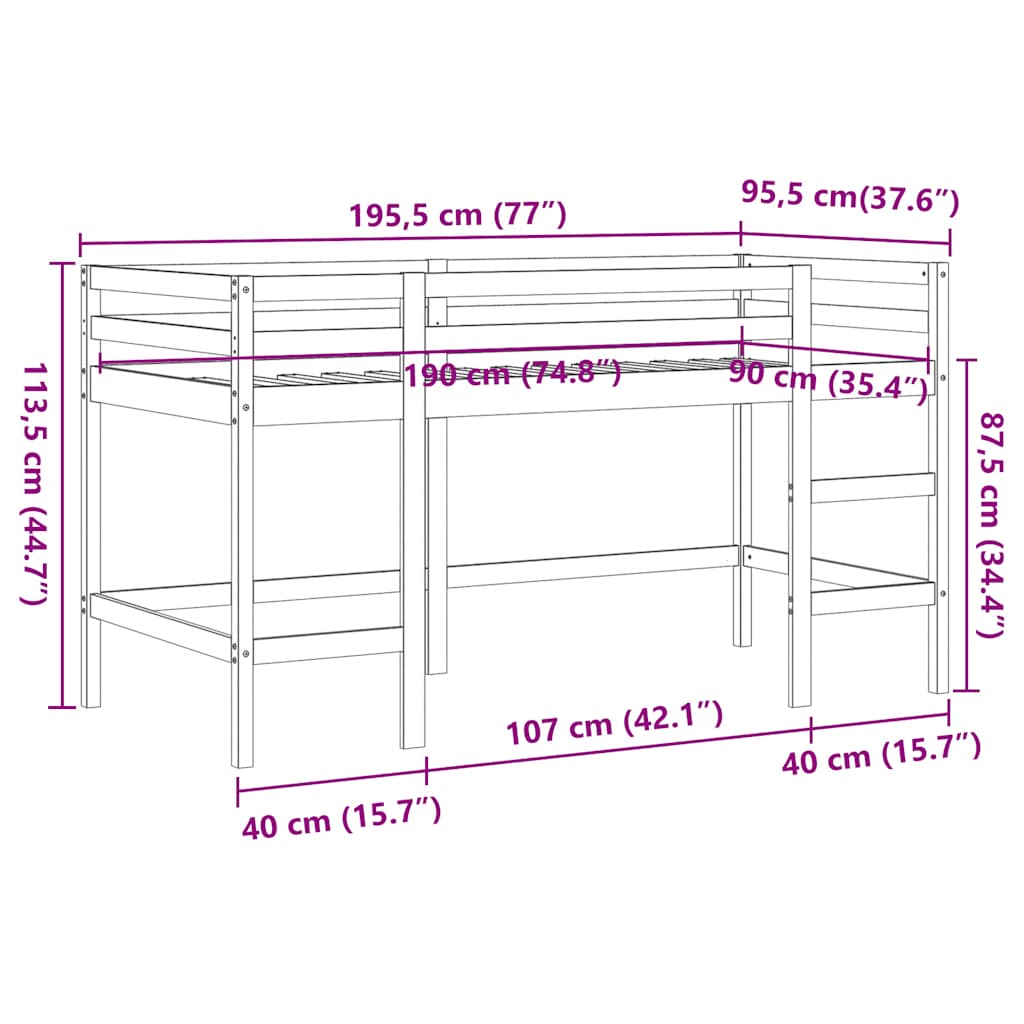 Lit mezzanine d'enfants sans matelas avec échelle 90x190 cm - XIOS