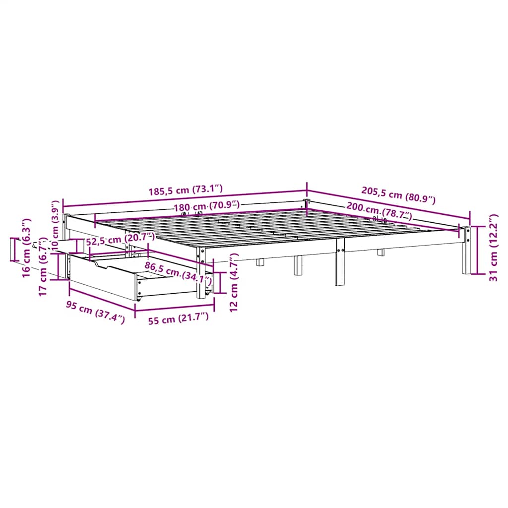 Cadre de lit sans matelas blanc 180x200 cm bois massif de pin - XIOS