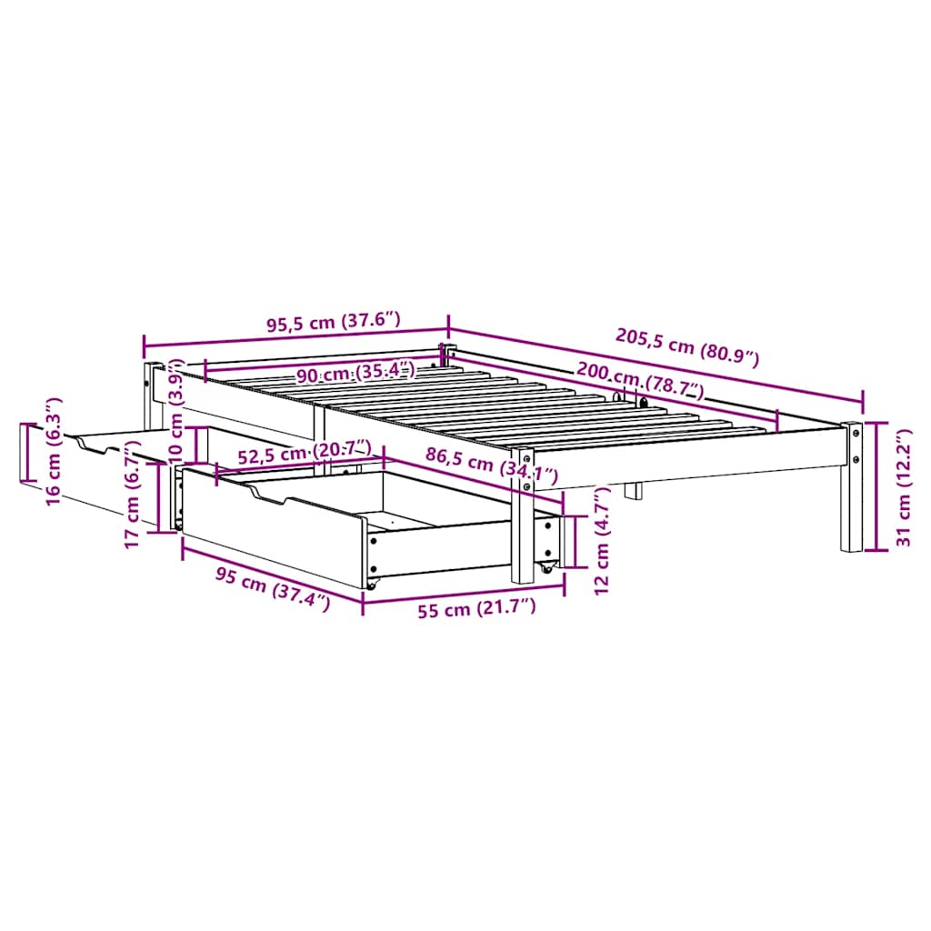 Cadre de lit sans matelas cire marron 90x200 cm bois pin massif - XIOS