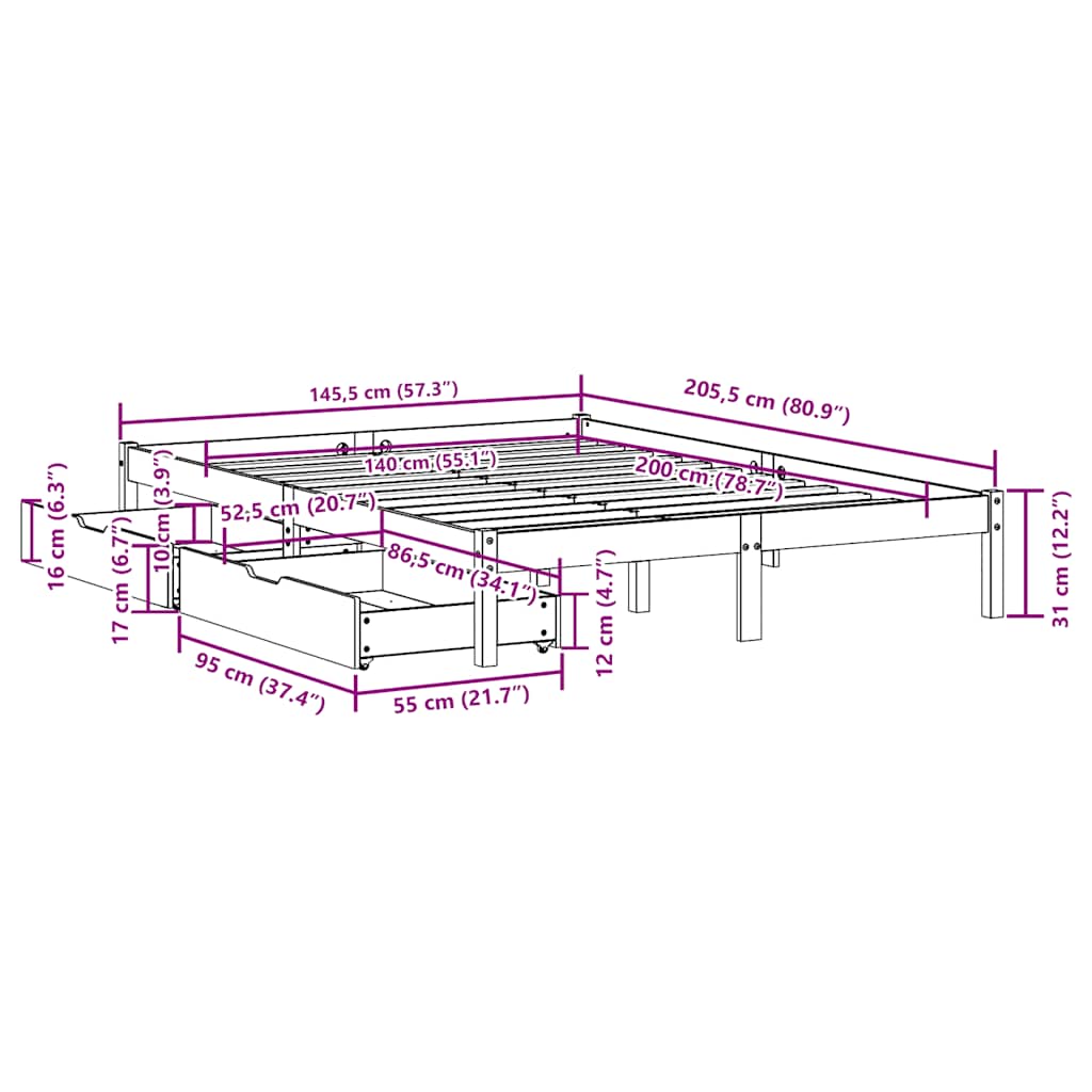 Cadre de lit sans matelas cire marron 140x200cm bois pin massif - XIOS