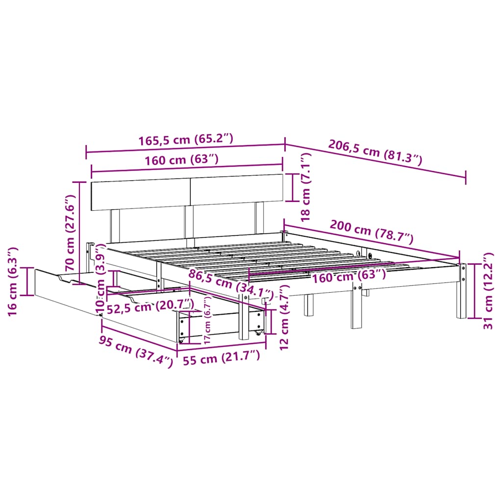 Cadre de lit sans matelas blanc 160x200 cm bois de pin massif - XIOS