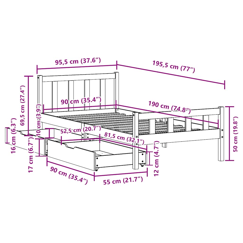 Cadre de lit sans matelas 90x190 cm bois de pin massif - XIOS