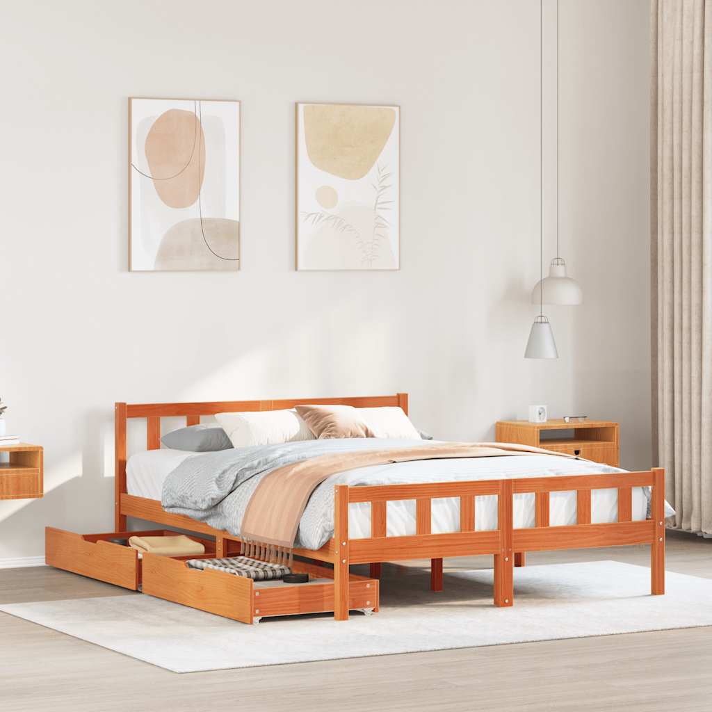 Cadre de lit sans matelas cire marron 150x200cm bois pin massif - XIOS