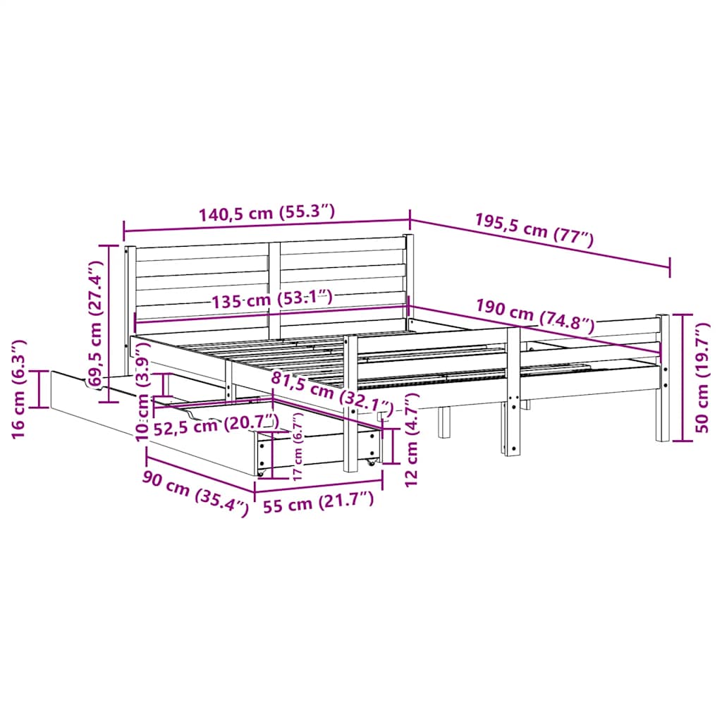 Cadre de lit sans matelas 135x190 cm bois de pin massif - XIOS