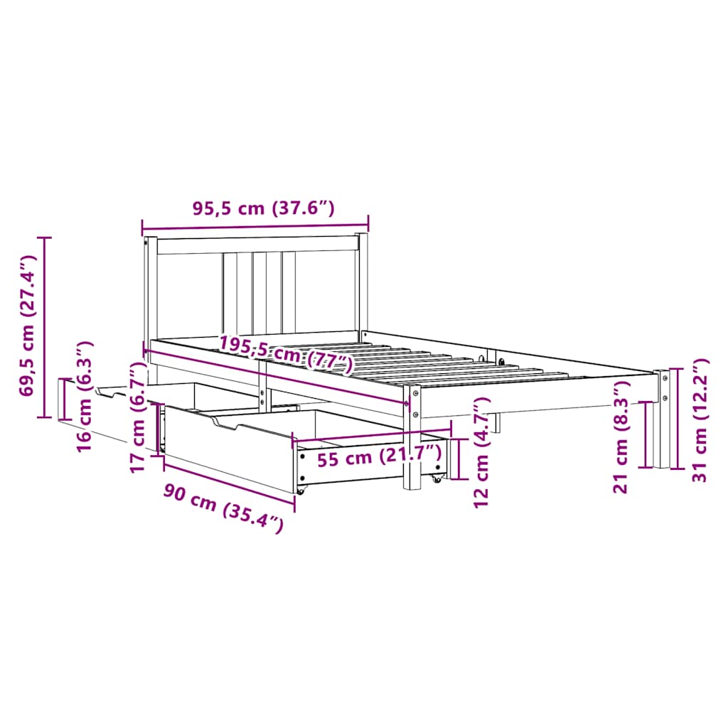 Cadre de lit sans matelas 90x190 cm bois de pin massif - XIOS