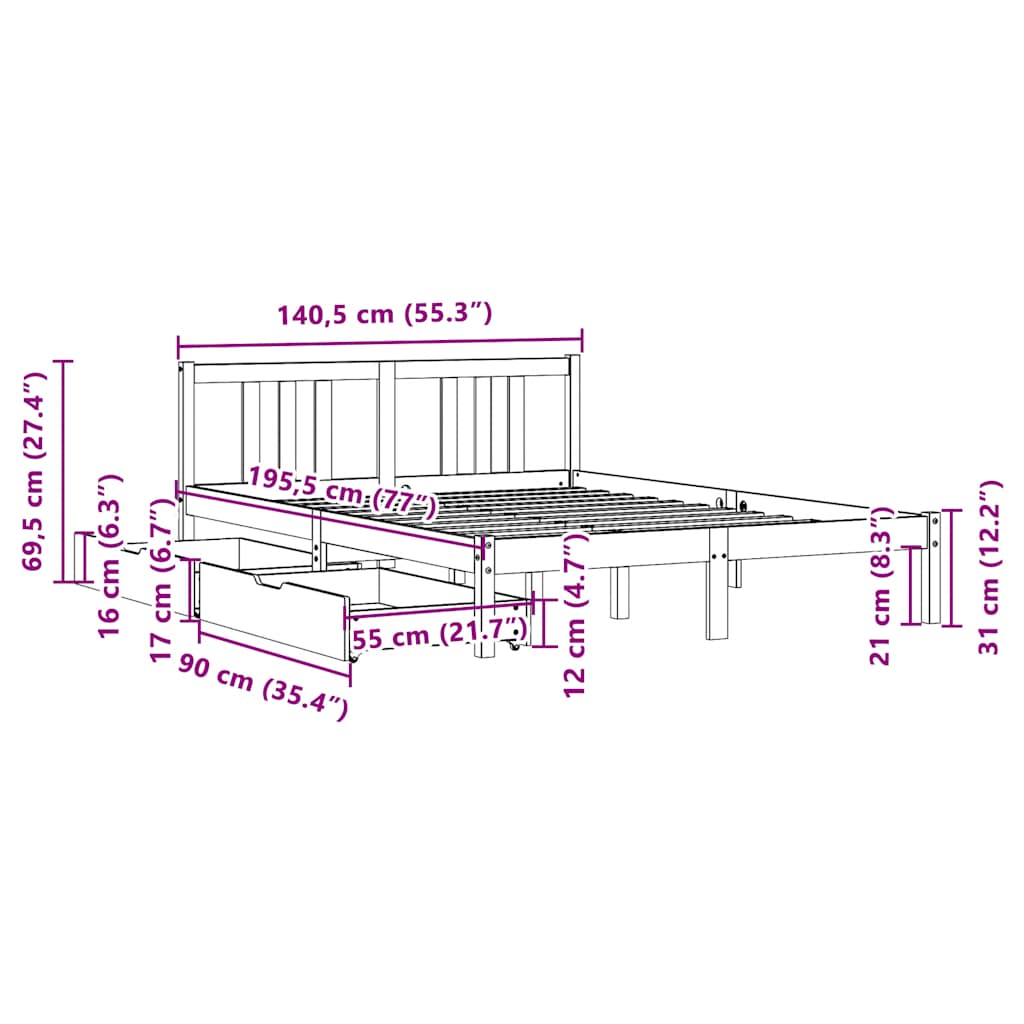 Cadre de lit sans matelas 135x190 cm bois de pin massif - XIOS