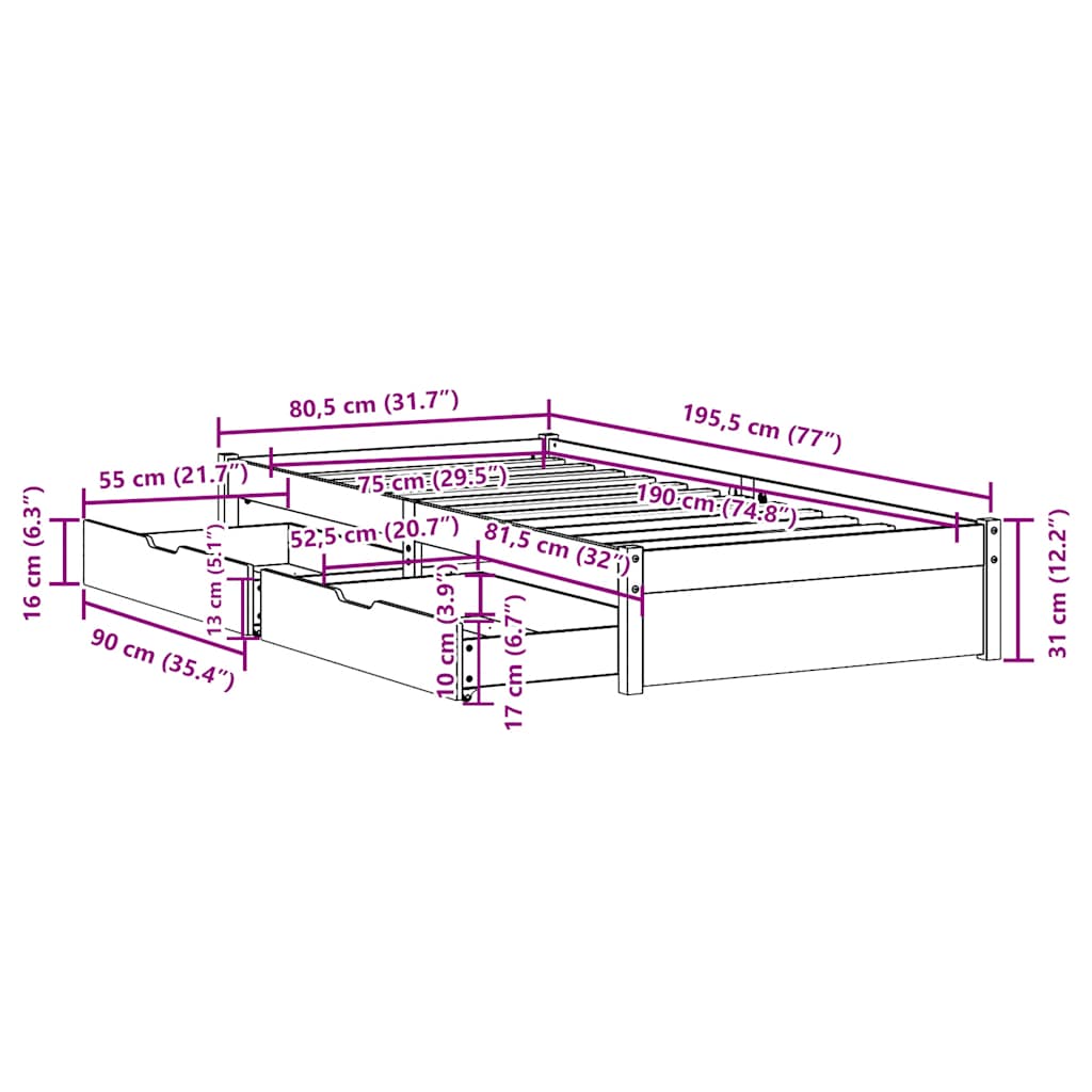 Cadre de lit sans matelas blanc 75x190 cm bois de pin massif - XIOS