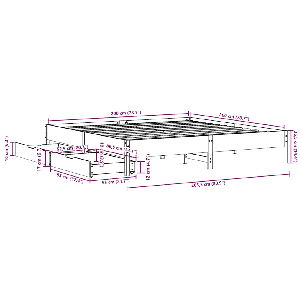 Cadre de lit sans matelas blanc 200x200 cm bois massif de pin - XIOS