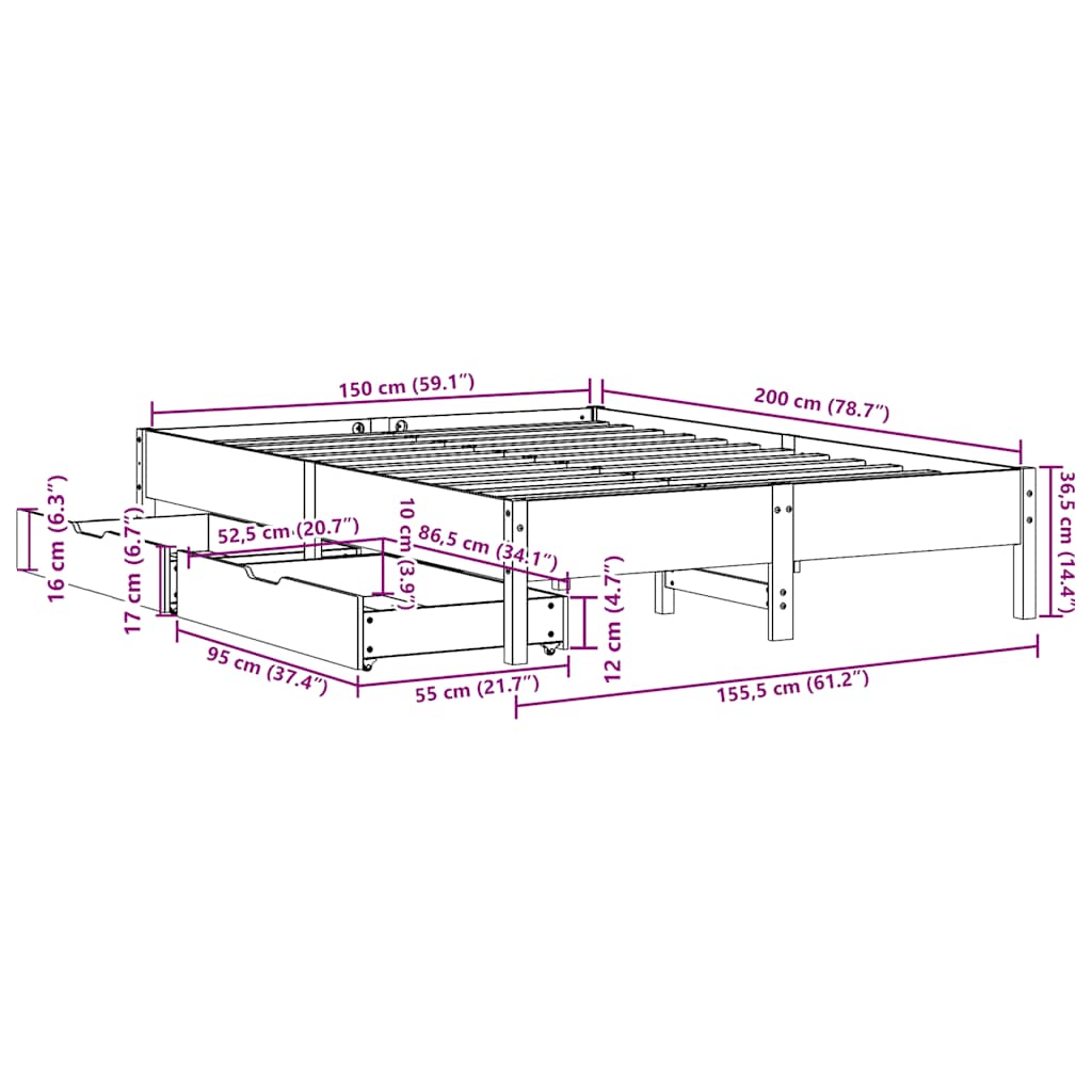 Cadre de lit sans matelas blanc 150x200 cm bois de pin massif - XIOS