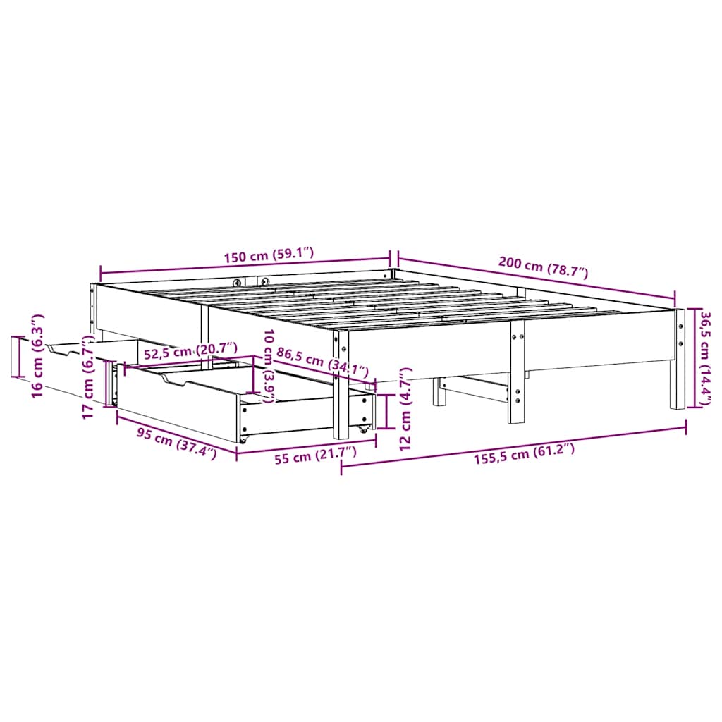 Cadre de lit sans matelas cire marron 150x200cm bois pin massif - XIOS