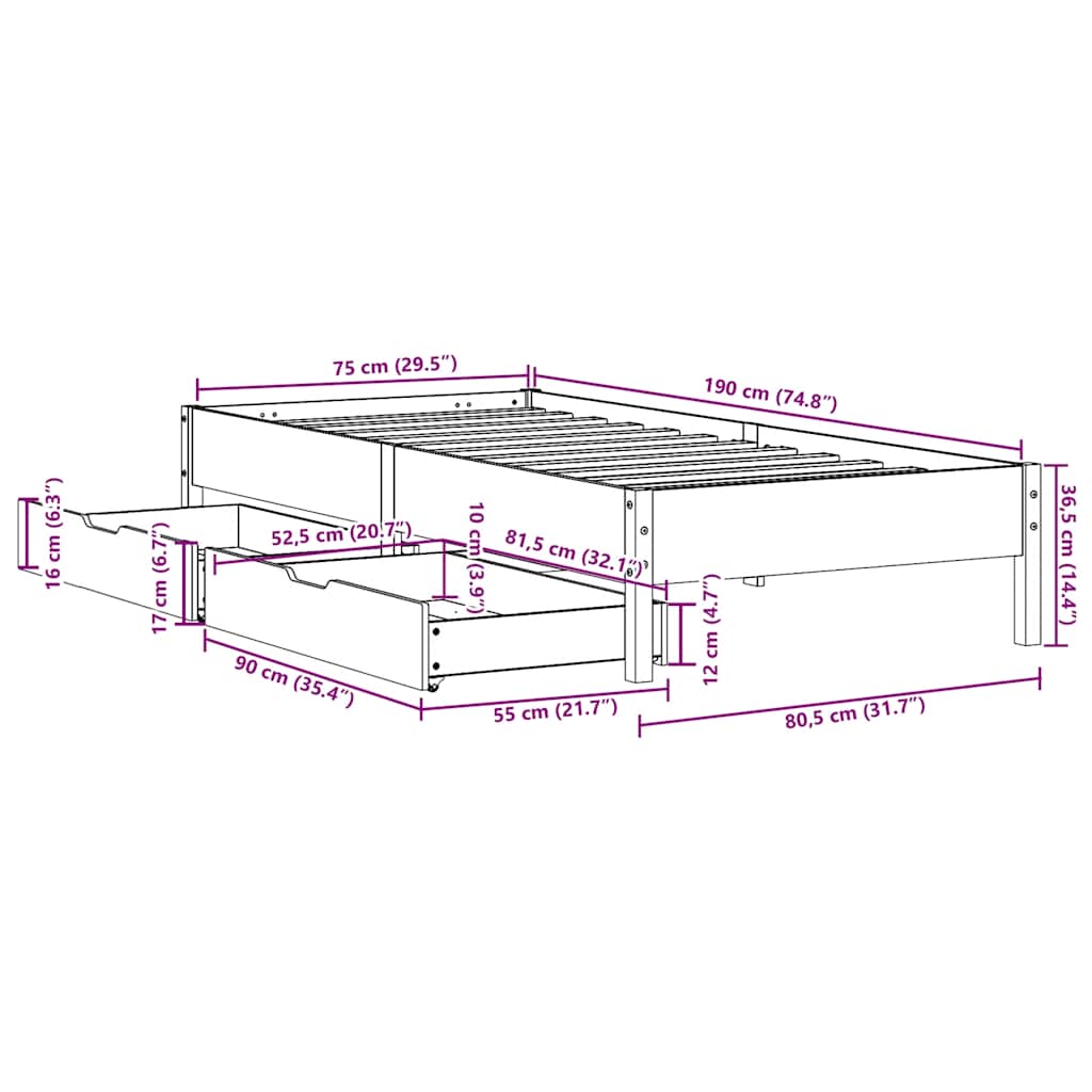 Cadre de lit sans matelas 75x190 cm bois de pin massif - XIOS