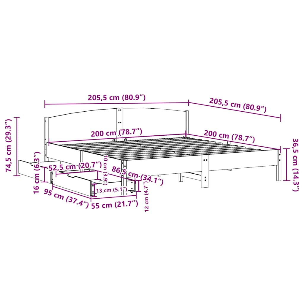 Cadre de lit sans matelas cire marron 200x200cm bois pin massif - XIOS