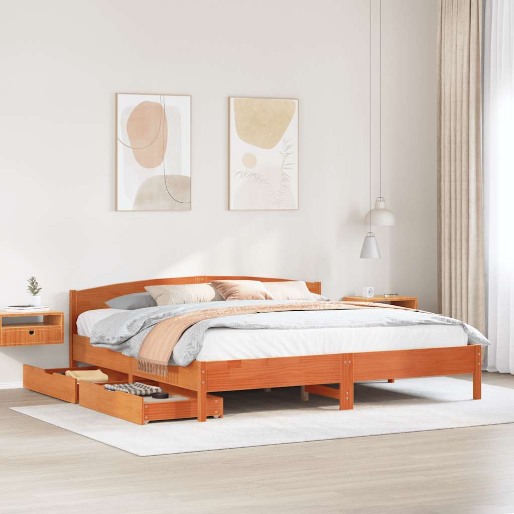 Cadre de lit sans matelas cire marron 200x200cm bois pin massif - XIOS