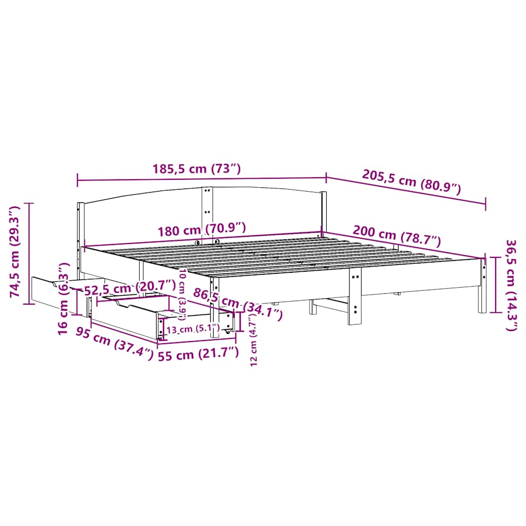 Cadre de lit sans matelas cire marron 180x200cm bois pin massif - XIOS