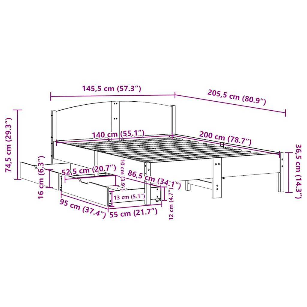 Cadre de lit sans matelas cire marron 140x200cm bois pin massif - XIOS