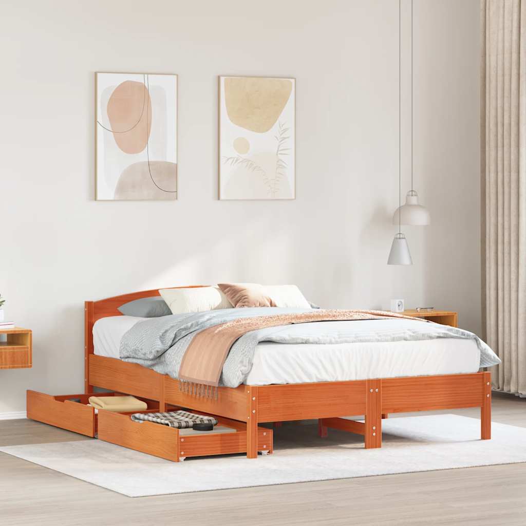 Cadre de lit sans matelas cire marron 140x200cm bois pin massif - XIOS
