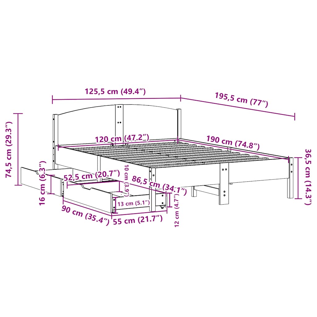 Cadre de lit sans matelas cire marron 120x190cm bois pin massif - XIOS