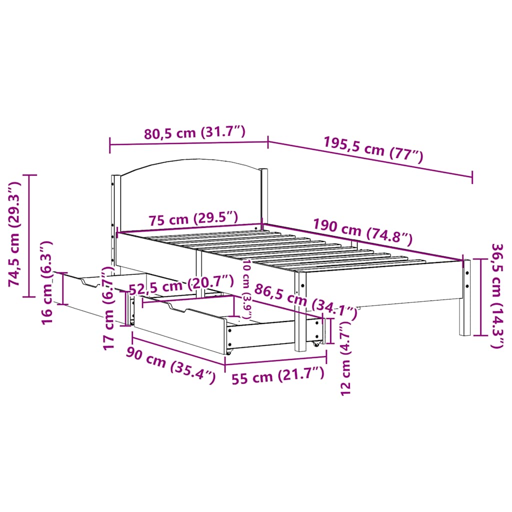 Cadre de lit sans matelas cire marron 75x190 cm bois pin massif - XIOS
