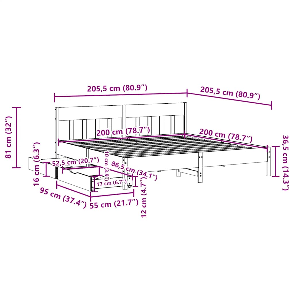 Cadre de lit sans matelas blanc 200x200 cm bois massif de pin - XIOS