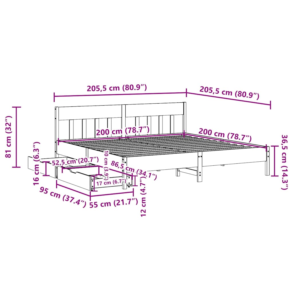 Cadre de lit sans matelas cire marron 200x200cm bois pin massif - XIOS