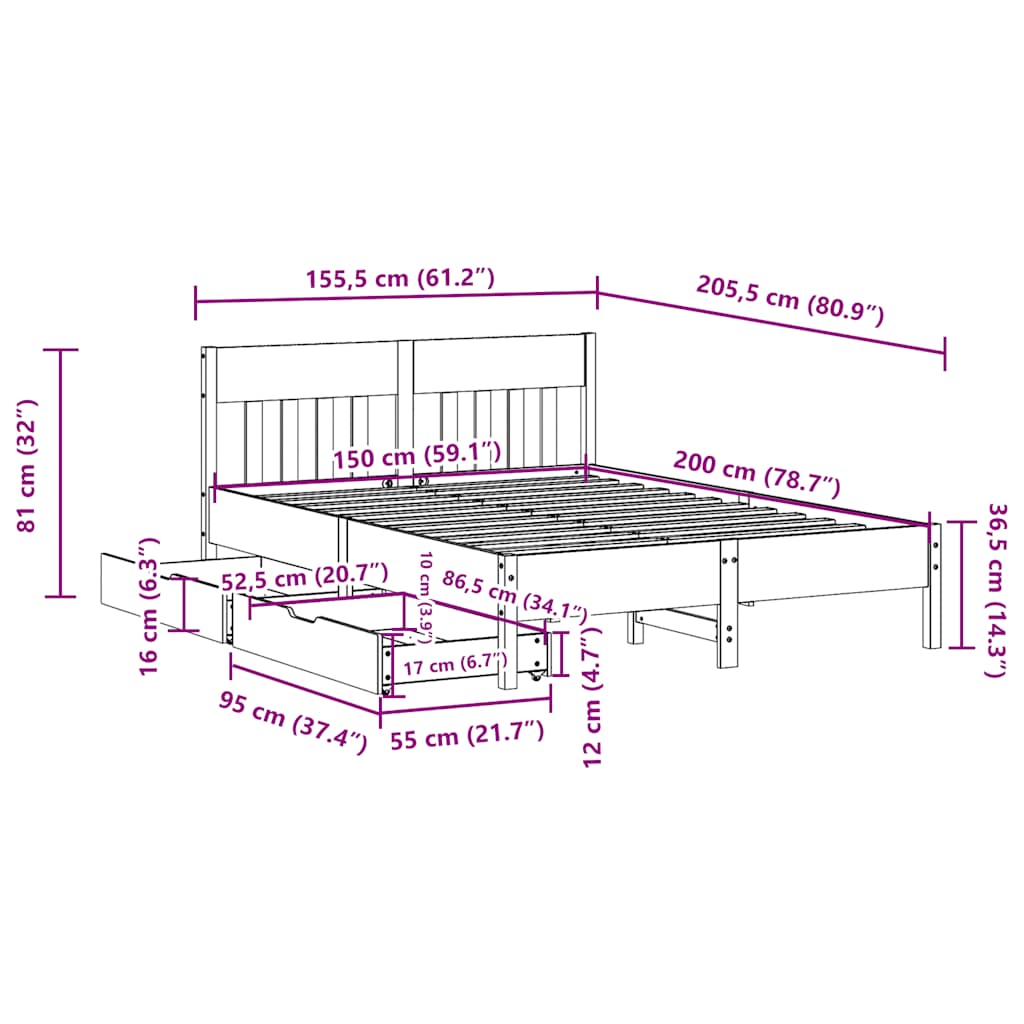 Cadre de lit sans matelas cire marron 150x200cm bois pin massif - XIOS