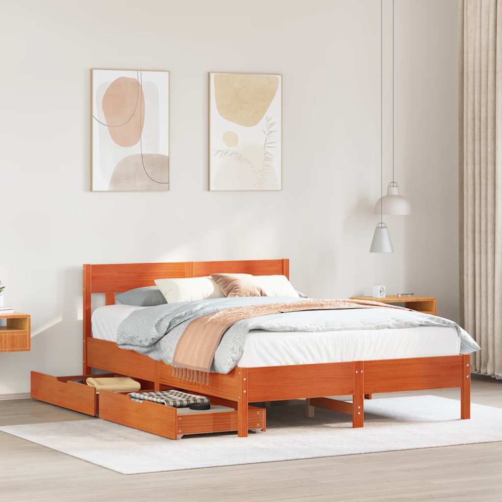 Cadre de lit sans matelas cire marron 150x200cm bois pin massif - XIOS
