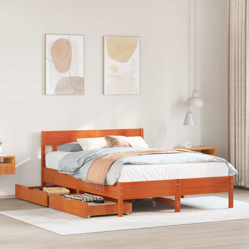 Cadre de lit sans matelas cire marron 140x200cm bois pin massif - XIOS