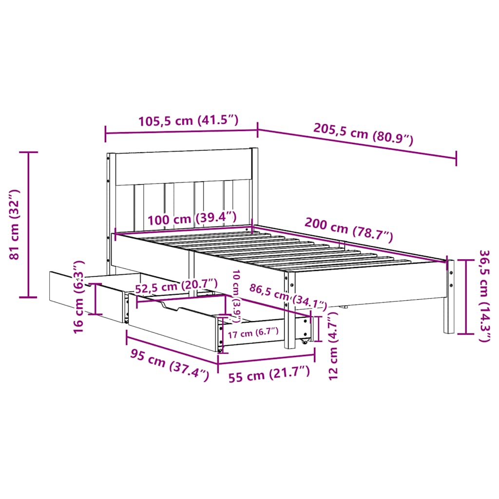 Cadre de lit sans matelas cire marron 100x200cm bois pin massif - XIOS