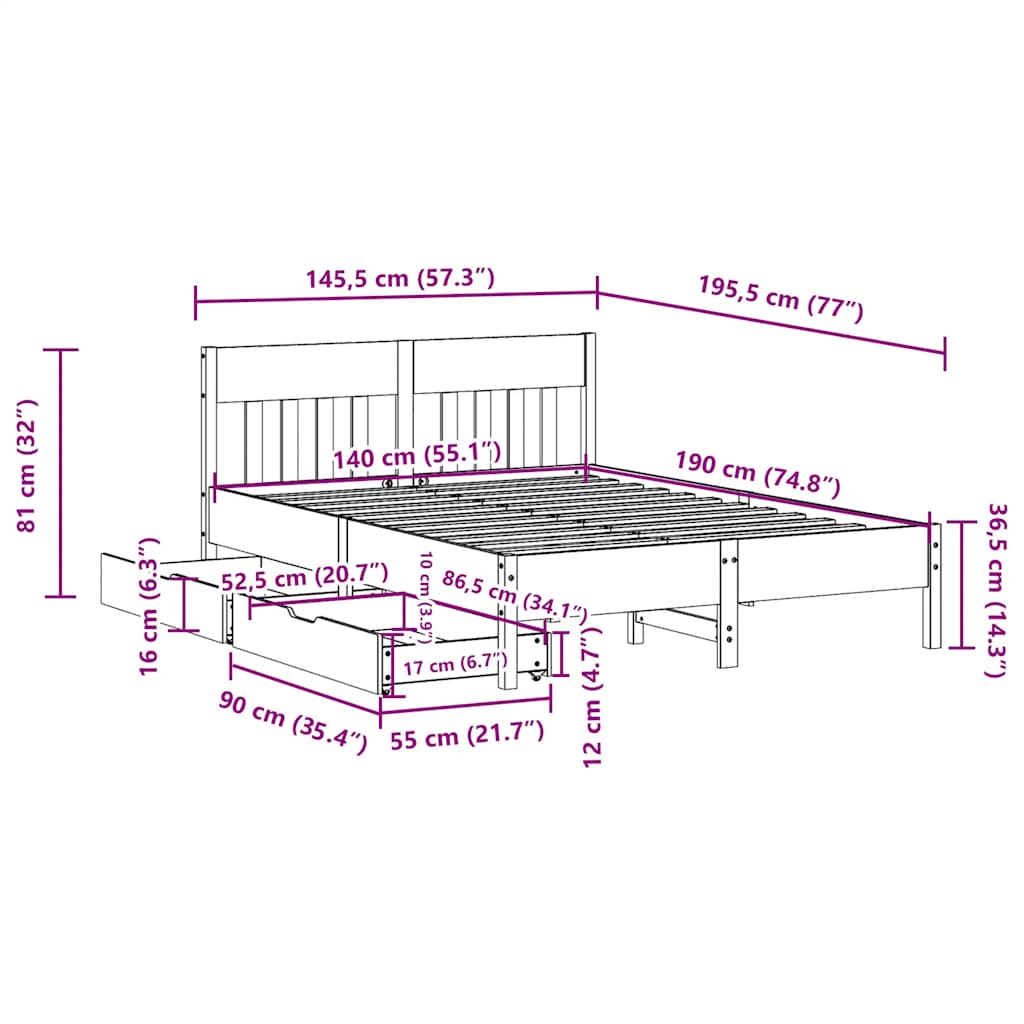 Cadre de lit sans matelas blanc 140x190 cm bois de pin massif - XIOS