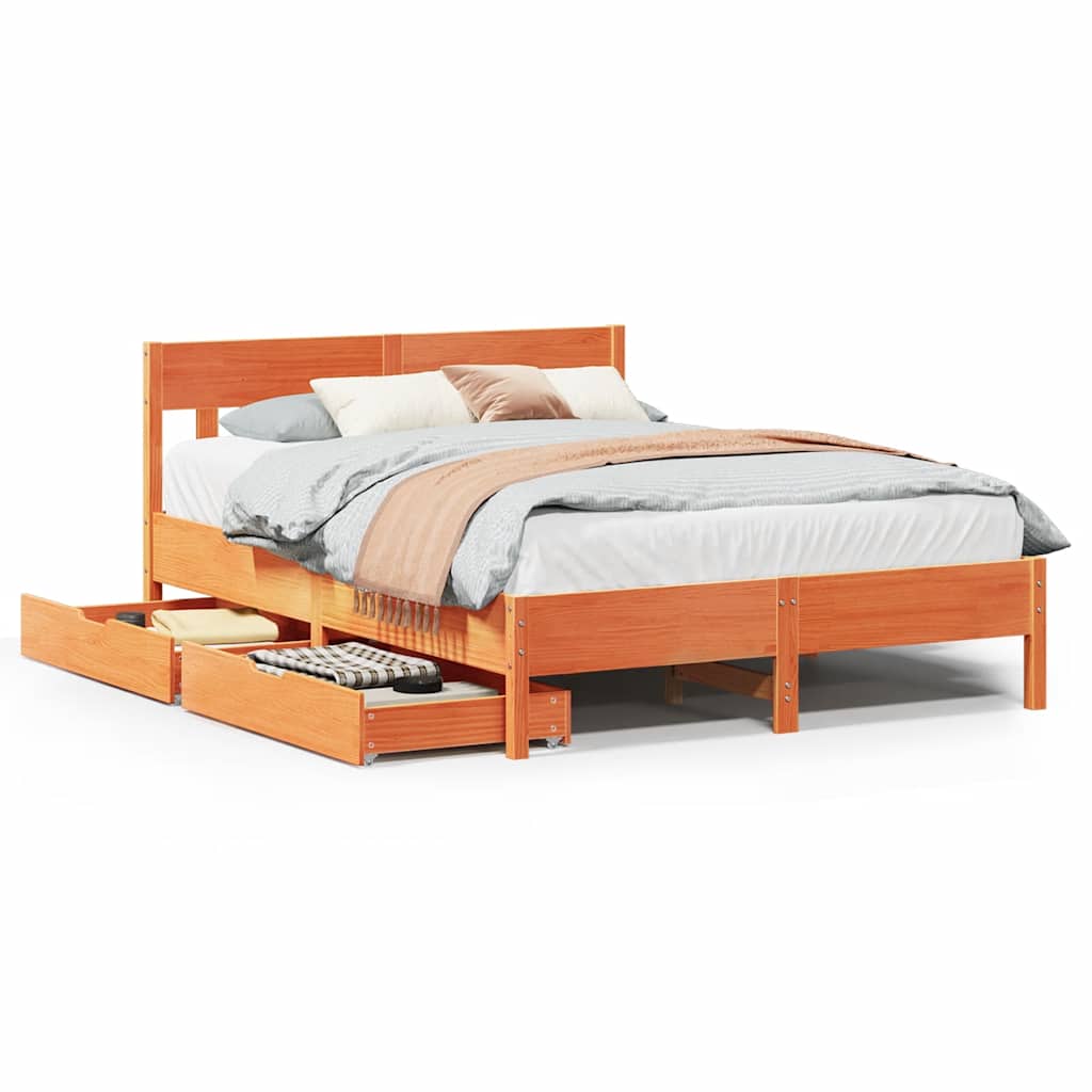 Cadre de lit sans matelas cire marron 135x190cm bois pin massif - XIOS