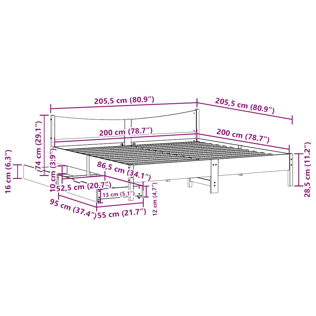 Cadre de lit avec tiroirs blanc 200x200 cm bois massif de pin - XIOS