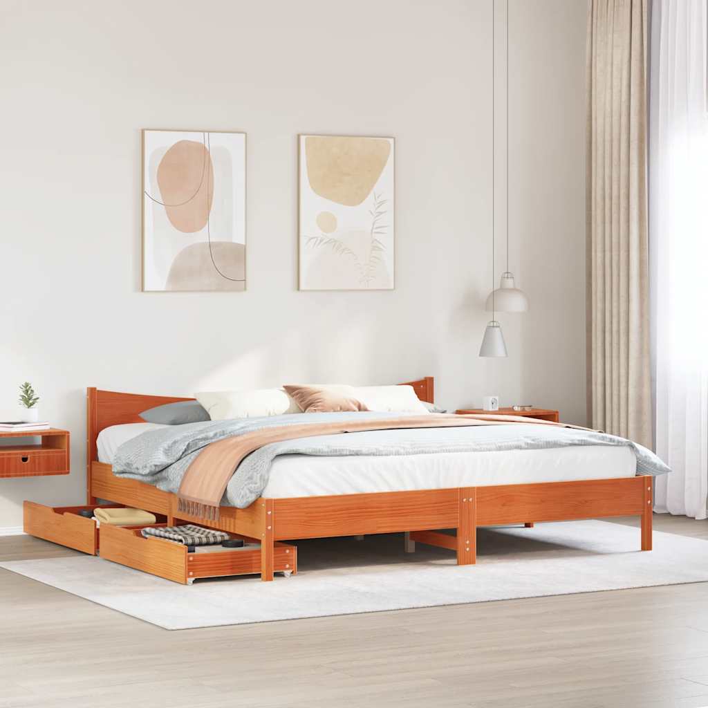Cadre de lit avec tiroirs cire marron 200x200cm bois pin massif - XIOS