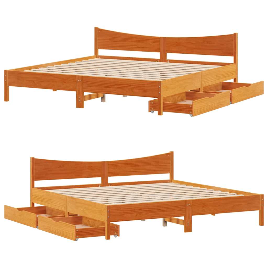 Cadre de lit avec tiroirs cire marron 200x200cm bois pin massif - XIOS