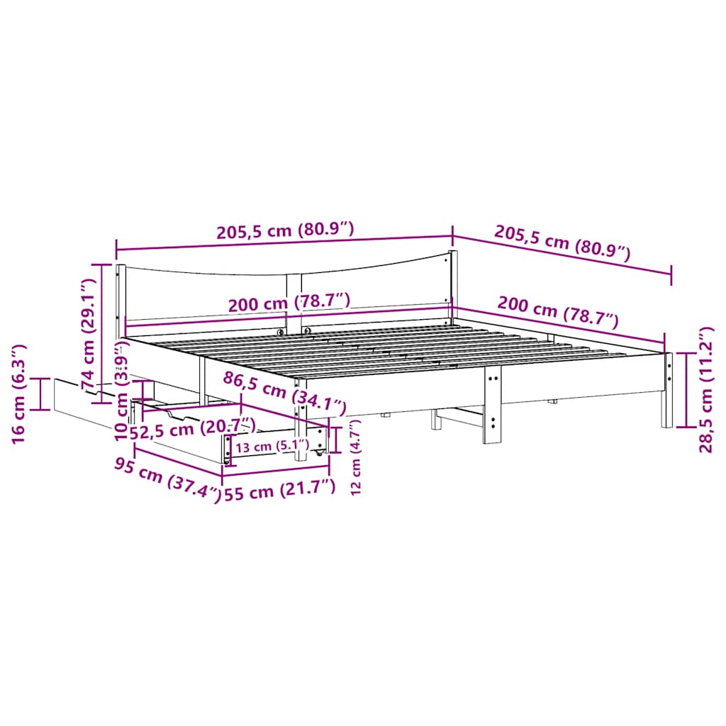 Cadre de lit avec tiroirs cire marron 200x200cm bois pin massif - XIOS