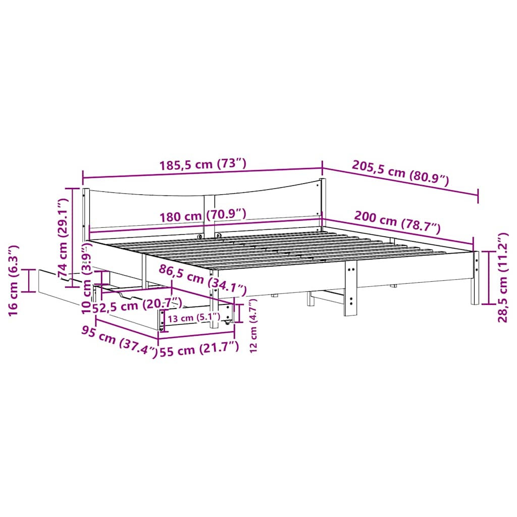 Cadre de lit avec tiroirs blanc 180x200 cm bois de pin massif - XIOS