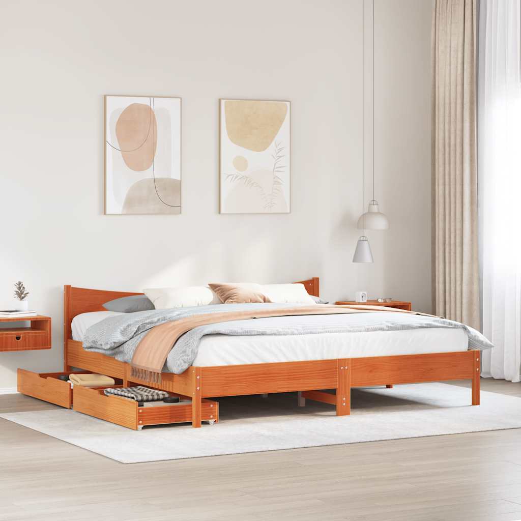 Cadre de lit avec tiroirs cire marron 180x200cm bois pin massif - XIOS