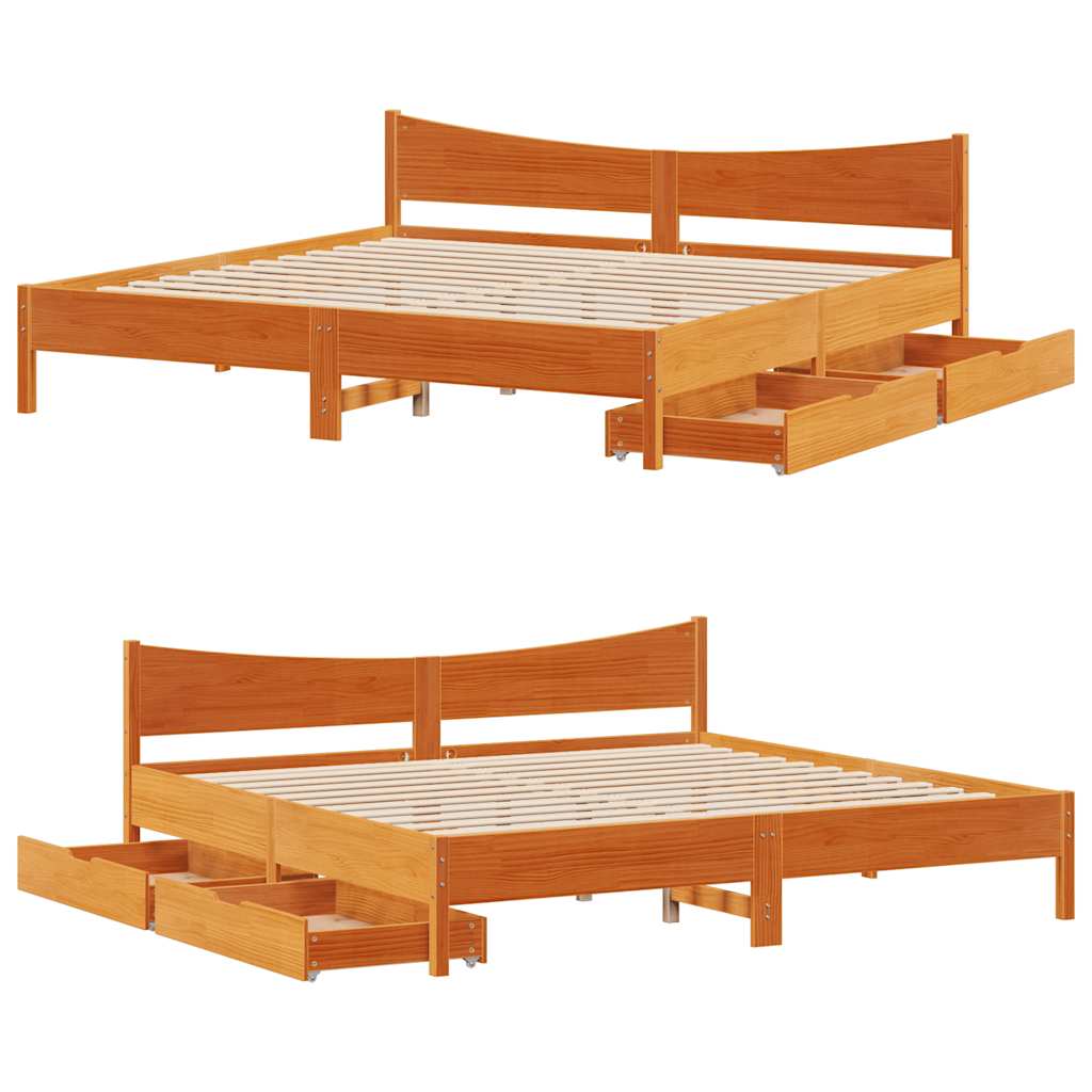 Cadre de lit avec tiroirs cire marron 180x200cm bois pin massif - XIOS