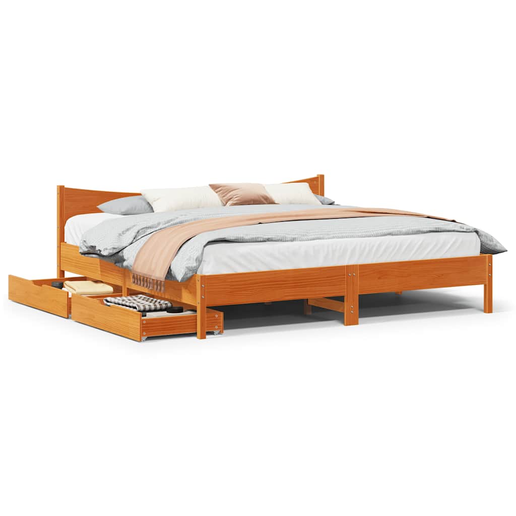 Cadre de lit avec tiroirs cire marron 180x200cm bois pin massif - XIOS