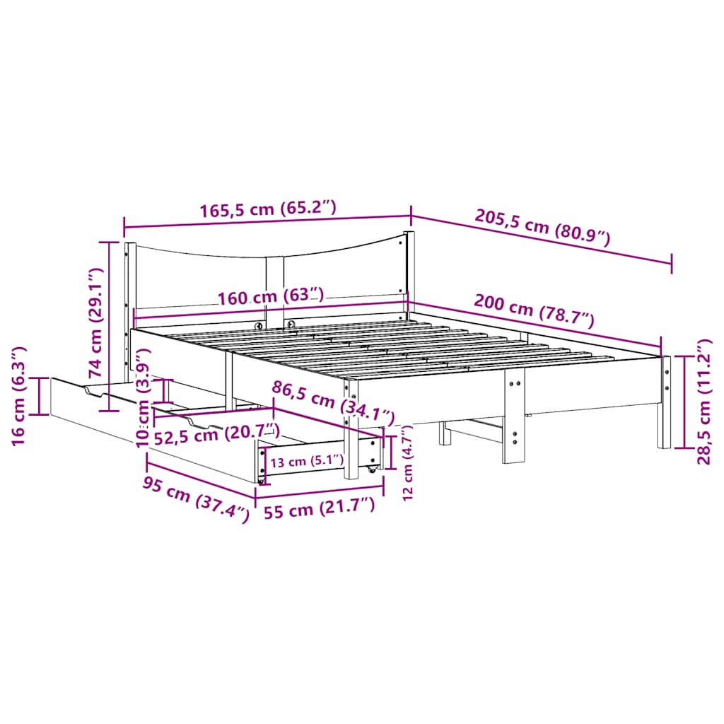 Cadre de lit avec tiroirs cire marron 160x200cm bois massif pin - XIOS