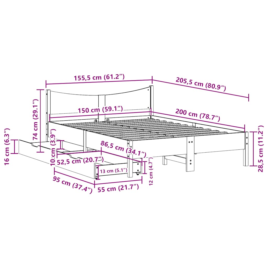 Cadre de lit avec tiroirs cire marron 150x200cm bois pin massif - XIOS