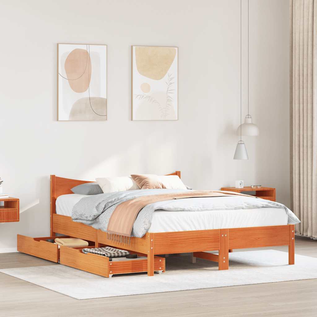 Cadre de lit avec tiroirs cire marron 120x200cm bois pin massif - XIOS