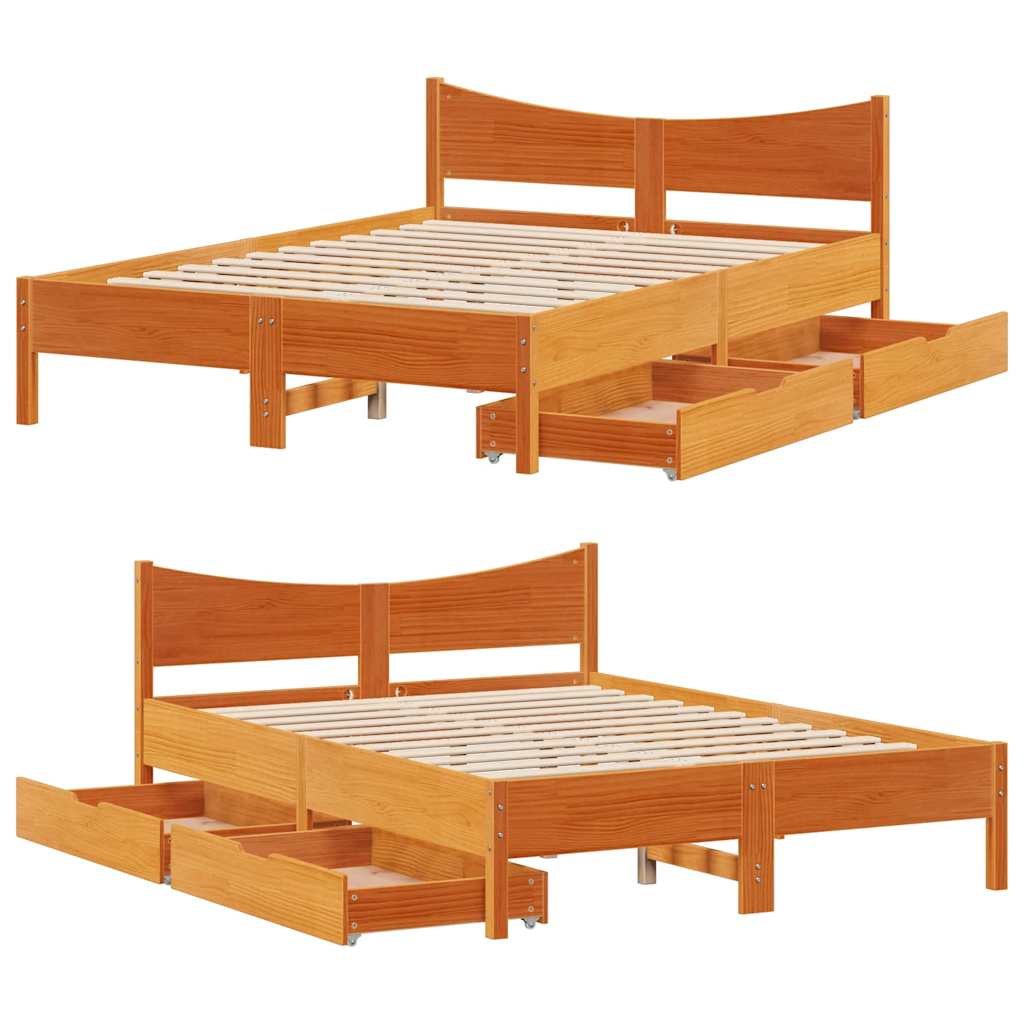 Cadre de lit avec tiroirs cire marron 120x200cm bois pin massif - XIOS