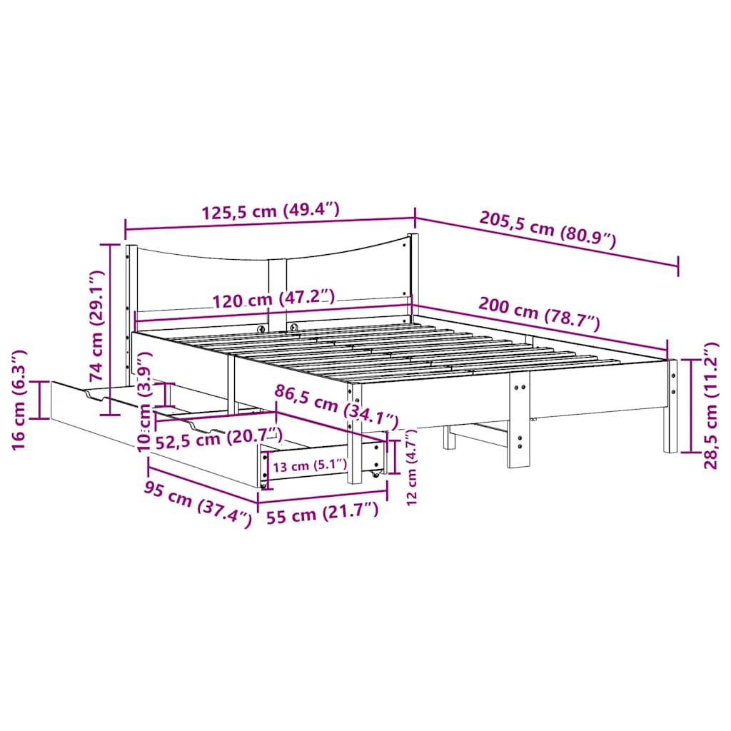 Cadre de lit avec tiroirs cire marron 120x200cm bois pin massif - XIOS