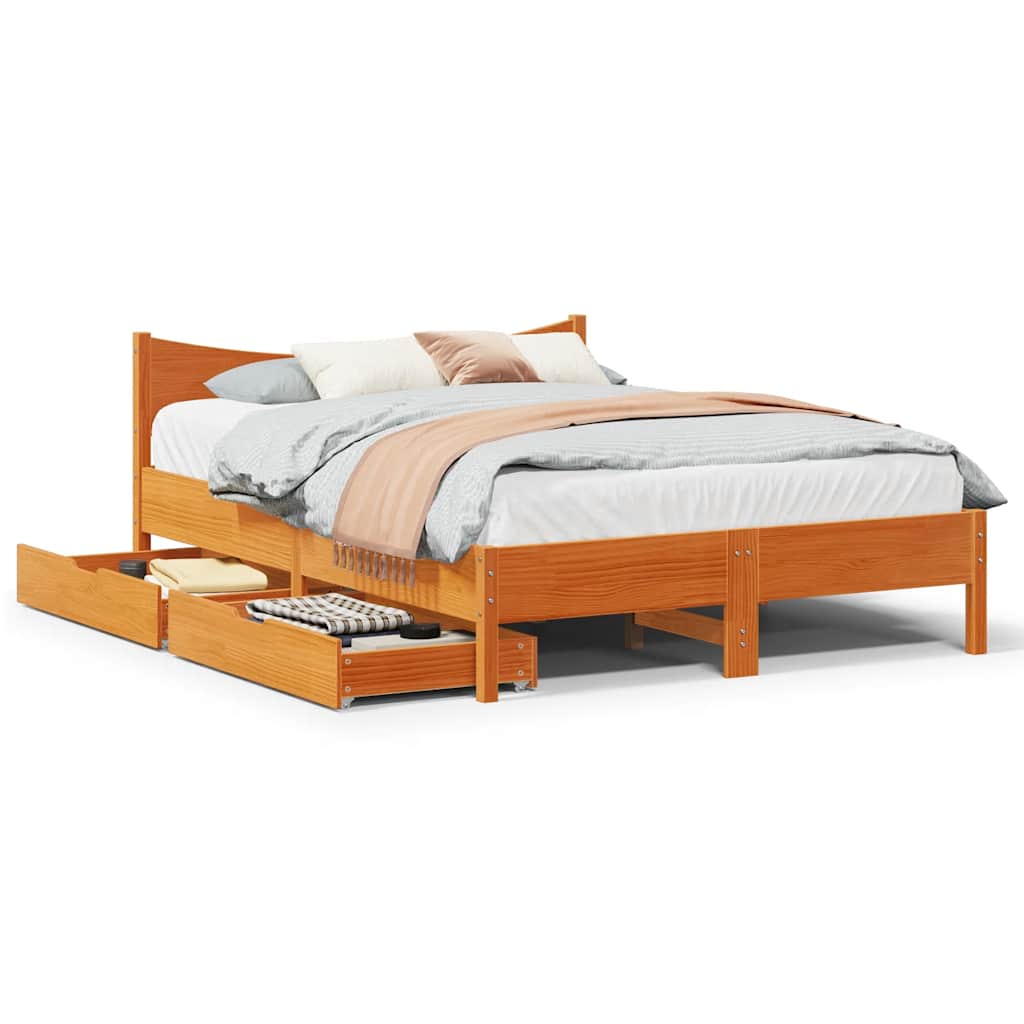 Cadre de lit avec tiroirs cire marron 120x200cm bois pin massif - XIOS