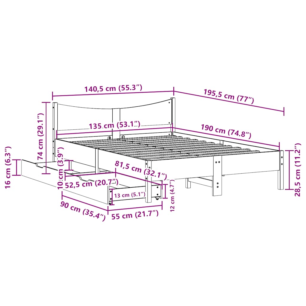 Cadre de lit avec tiroirs blanc 135x190 cm bois de pin massif - XIOS