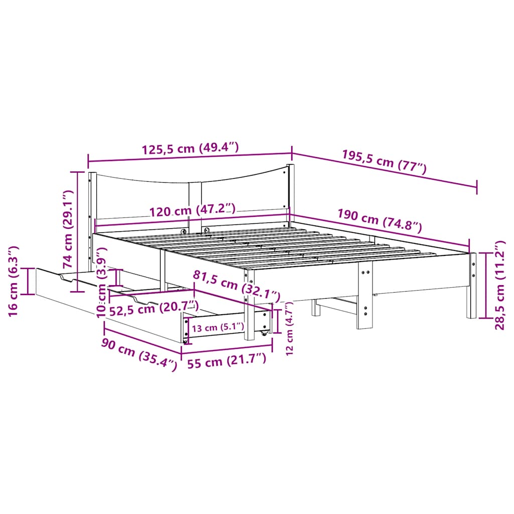Cadre de lit avec tiroirs 120x190 cm bois de pin massif - XIOS