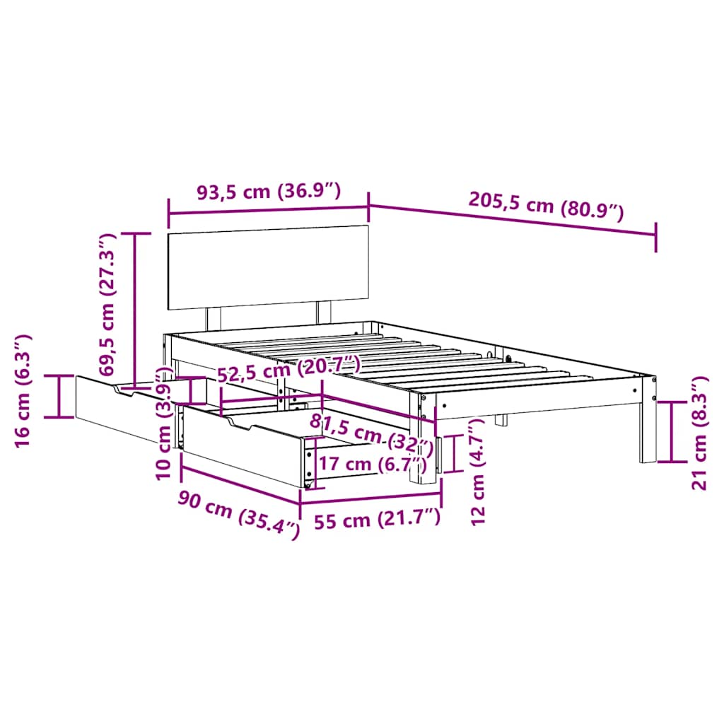 Cadre de lit avec tiroirs sans matelas blanc 90x200 cm - XIOS