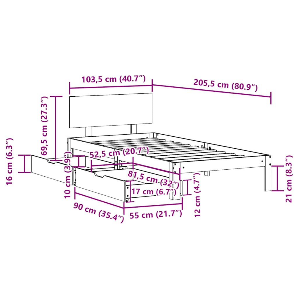 Cadre de lit avec tiroirs sans matelas blanc 100x200 cm - XIOS