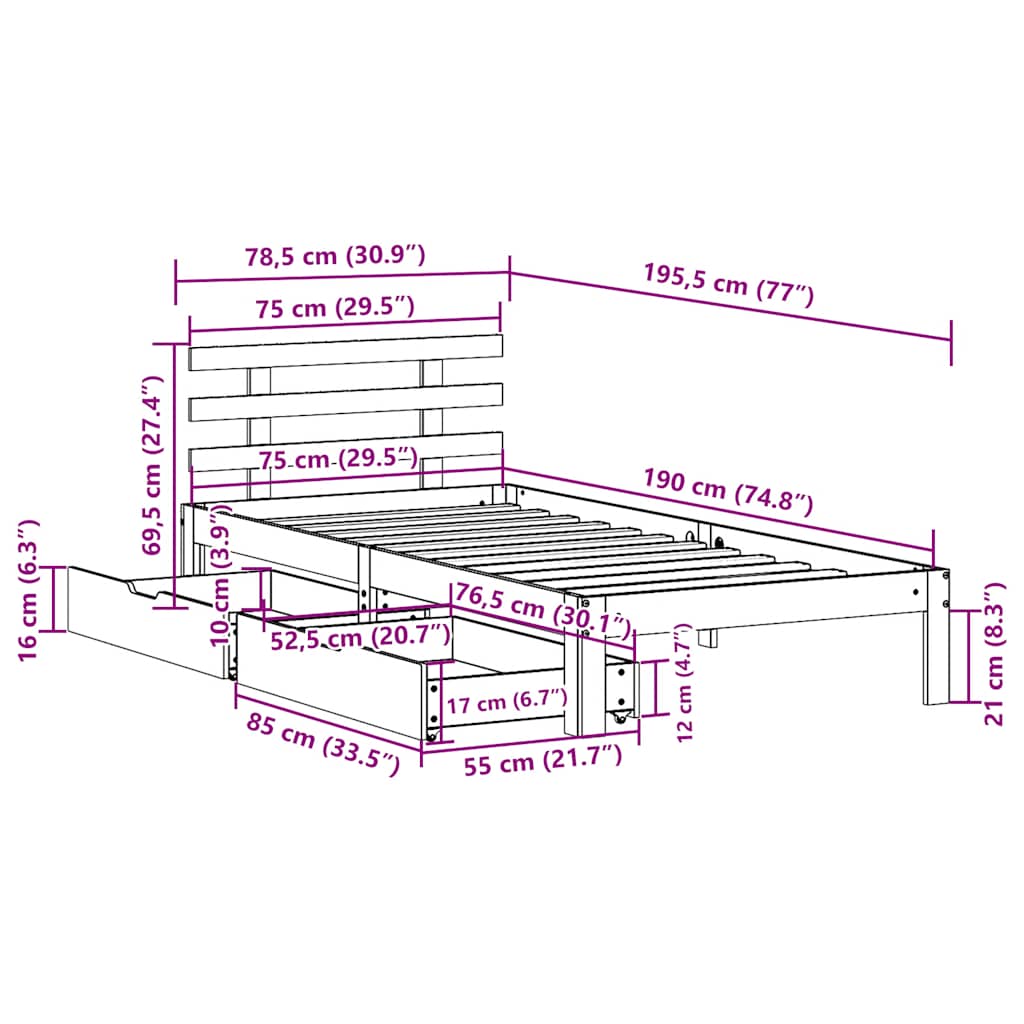 Cadre de lit avec tiroirs sans matelas 75x190 cm - XIOS